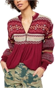 Free People Cozy Cottage Pullover Fair Isle 1/2 Zip weinrot Ballonärmel Gr. S - Bild 1 von 13