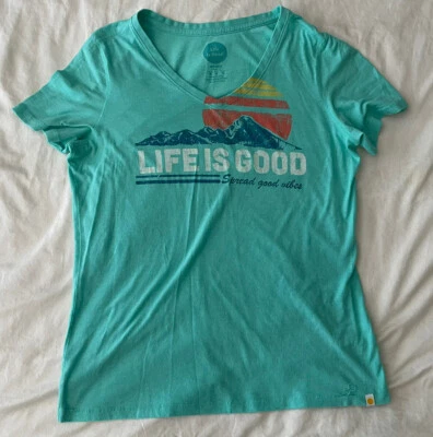 Life is Good Womens Medium Classic Fit T-Shirt V-neck Vibes Mountain Hiking Sun - Image 1 of 4
