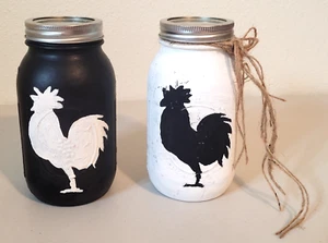 2 Hand Painted Black and White Rooster Folk Art Mason Jars 7" - Picture 1 of 7