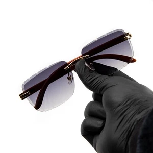 Men's Rimless Purple Gradient Tint Hip Hop Gold Frame Woodgrain Sunglasses - Picture 1 of 5