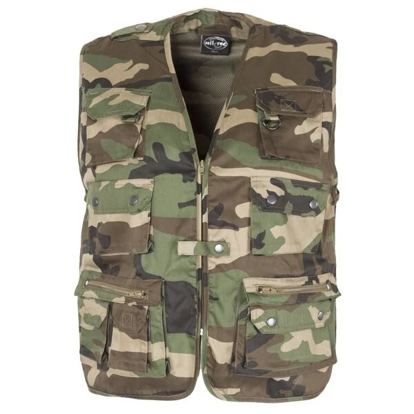 Woodland Mil-Tec Fishing Hunting Vest 14 Pockets Open Design Mesh Lined  - Image 1 of 1