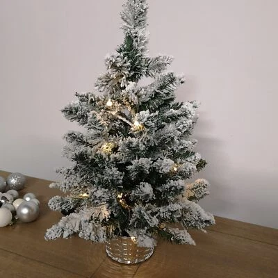 60cm (2ft) Pre Lit Battery LED Snow Flocked Miniature Christmas Tree in Green - Image 1 of 4