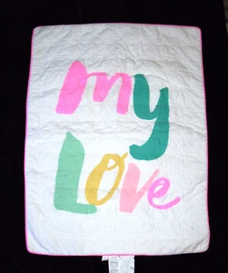 Oh Joy MY LOVE Baby Crib Toddler Bed Comforter Blanket Pink Green Stripe Quilted - Picture 1 of 2