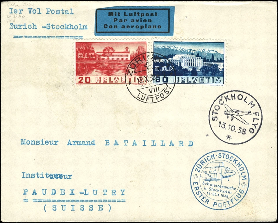 SWITZERLAND - 1938 - Pro Aero Maiden Flight From Zurich to Stockholm - Very Fine - Image 1 of 1