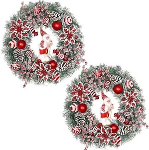 Christmas Wreaths for Front Door, 2 Pack 18" Santa Skiing Poinsettias w/ Lights - Picture 1 of 14