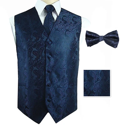 Navy blue XS-6XL Paisley Tuxedo Suit Dress Vest Waistcoat BowTie Neck tie Hanky  - Image 1 of 4