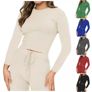 Women's 2 Piece Outfits Casual Long Sleeve Pullover Tops And Wide Leg Pants - Picture 1 of 37