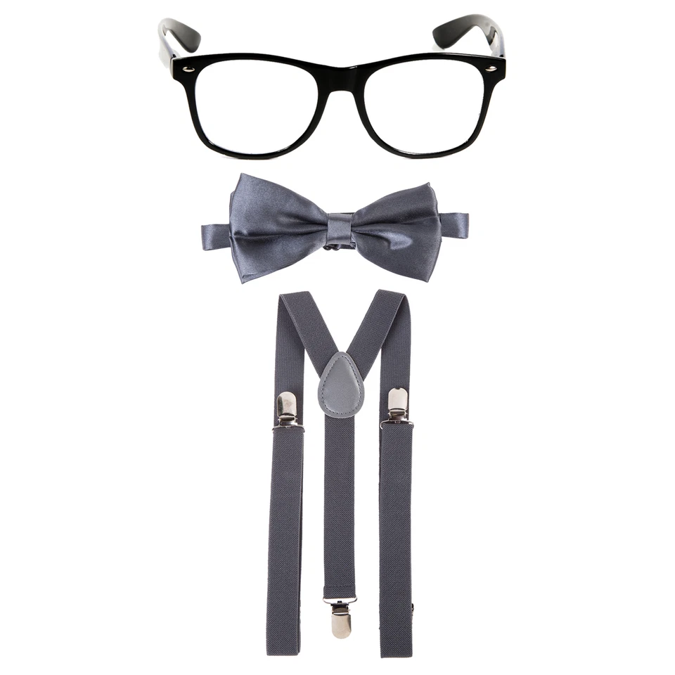 Geek Nerd Bowtie Fancy Dress Costume w/ Glasses + Bow Tie + Braces - Dark Grey - Image 1 of 1