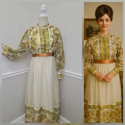 Maxi Vestido Vintage Años 70 Floral Pradera Borde de Encaje Cuello Alto Mangas Bishop Boho Foto 1 de 4