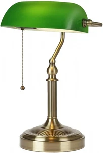 Bankers Green Glass Desk Lamp with Pull Chain Switch and Plug-in Device Fixture - Picture 1 of 4