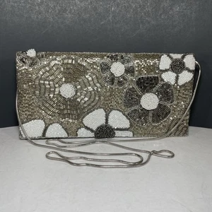 Ricki Designs Floral Beaded Clutch Purse Silver White Detachable Crossbody Strap - Picture 1 of 18