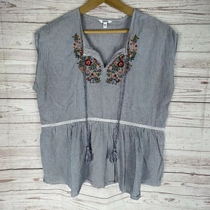 SONOMA Embroidered Peplum Top Pinstriped Tee Blue White Tassel Sz M Popover Boho - Picture 1 of 8