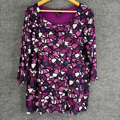 ALFANI Womens 3/4 Sleeve Geometric Print Top Size 2X Purple Layered Office - Image 1 of 4