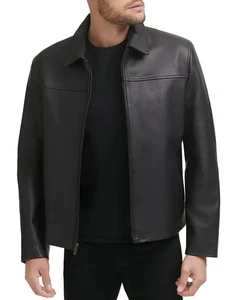 Men's New Black Smooth Real Leather Bomber Jacket Zip Front Spread Collar Coat - Picture 1 of 12