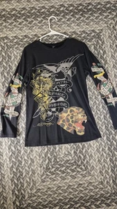 Camicia Ed Hardy uomo media morte prima onore USMC tatuaggio grafica manica lunga - Foto 1 di 10