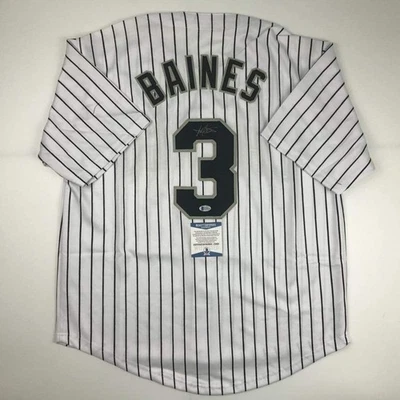 Camiseta deportiva de béisbol autografiada/firmada de Harold Baines Chicago a rayas Beckett certificado de autenticidad Foto 1 de 4