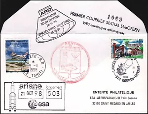 FRANKREICH 1998-10-21 GEFLOGENE ABDECKUNG, wirklich Weltraumpost, ARIANE 5 Bordpost, KOUROU Guyana - Bild 1 von 2