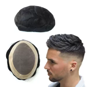 Mens Toupee Human Hair Replacement System Fine Mono Poly Skin Hairpiece 6x9 #1B - Picture 1 of 8