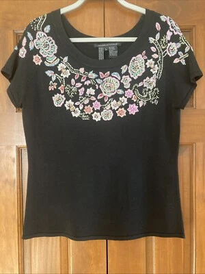 Blusa Top Vintage Michelle Nicole Bordada Floral Negra Para Mujer Talla Grande L Foto 1 de 4