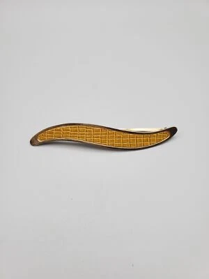 Vintage Mustard color Faux leather looking brass Gold tone  hair clip accessory  - Image 1 of 4