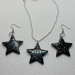 Set Of black star Glitter Charm Acrylic Earrings And pendant Necklace. Single - Picture 1 of 16