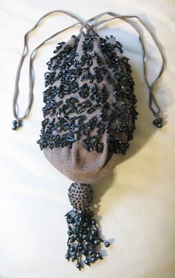 Antique Grey Crochet Black 7 Tier Fringe Beaded  Ball Tassel Flapper Purse - Image 1 of 4