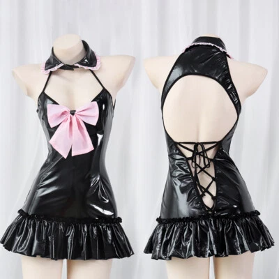 Womens Patent Leather Bow Sleepwear Nightdress Cosplay Costume Sexy Lingeries - Image 1 of 4