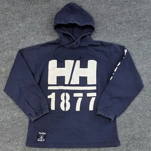 VTG Helly Hansen Hoodie Mens M Blue 1877 Twin Sails Sea Gear USA Pullover Rare - Picture 1 of 10