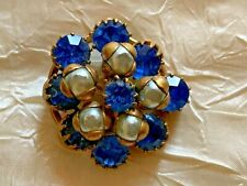 Vintage Französisch Creator Brosche - Blau Kristalle, Pearl - Vergoldet