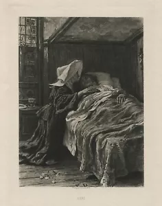 Gabriel y Evangaline enfermera comodidades amante moribundo 1902 fotograbado arte vintage - Imagen 1 de 2