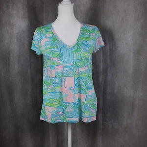 Lilly Pulitzer Etta Top Womens XS Multicolor V Neck Beach Golf Print Cotton - Picture 1 of 9