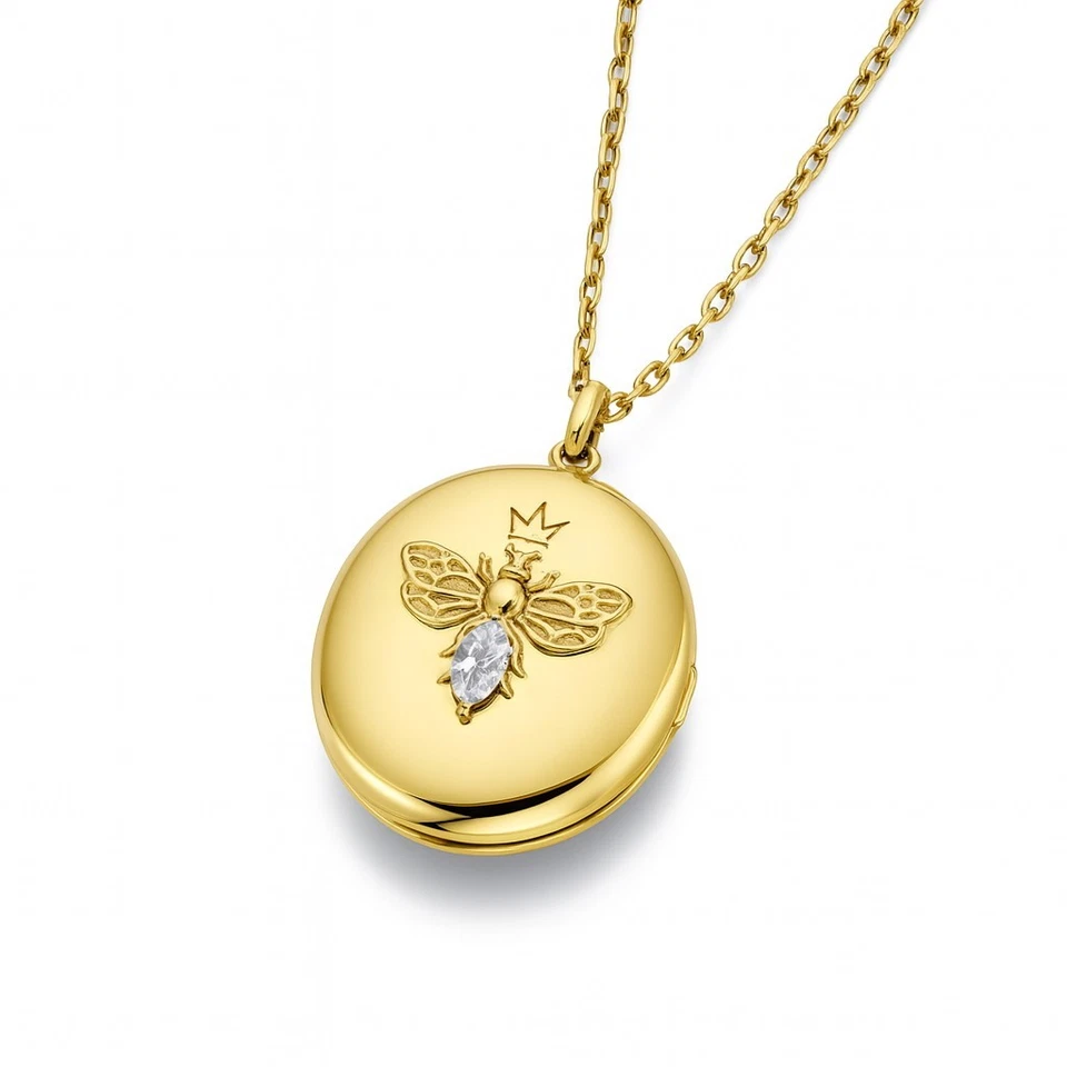 14k Gold Bee Locket Necklace Lab-Created Diamond | Photo Keepsake Pendant Gift - Image 1 of 4