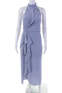 Halston Heritage Womens Back Zip High Neck Ruffled Midi Dress Blue Size 6 - Picture 1 of 7