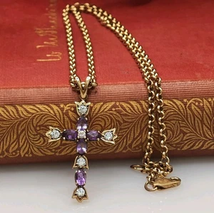 Big 9ct Gold Cross Necklace Amethyst Sapphire Pendant 9k Chain Vintage Religious - Picture 1 of 11