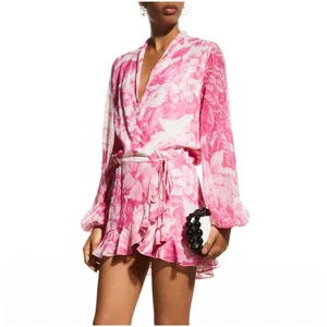 Rococo Sand Cerise Short Plunging Wrap Dress L large pink floral metallic mini - Picture 1 of 9