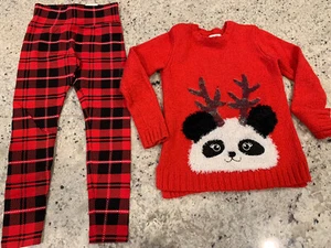 PREOWNED JUSTICE CRITTER RED KNIT SWEATER &RED PLAID Leggings NWT Set SIZE 6/7 - Picture 1 of 9