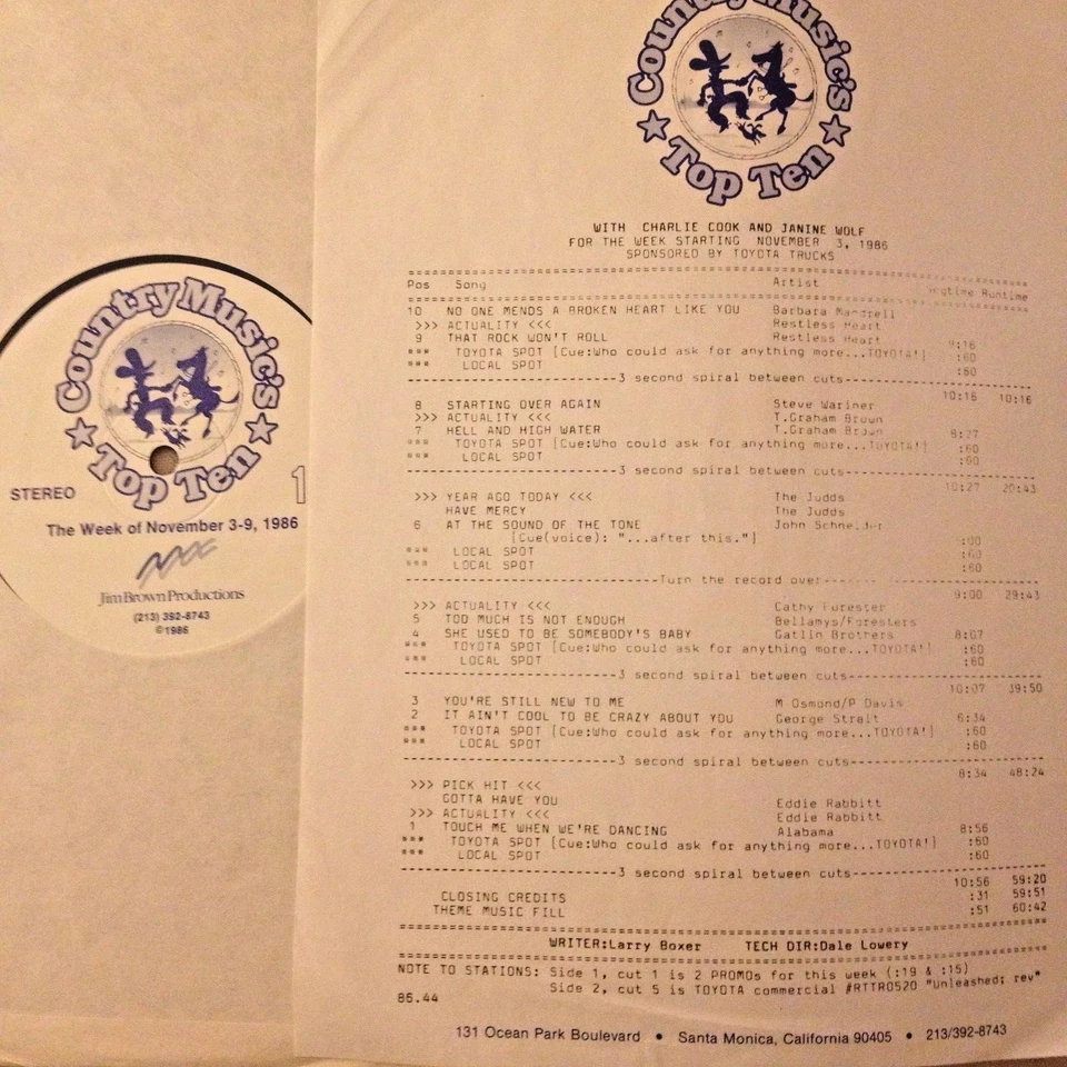 RADIO SHOW: COUNTRY TOP 10 11/3/86 INTERVIEWS: RESTLESS HEART, CATHY FORESTER - Image 1 of 1