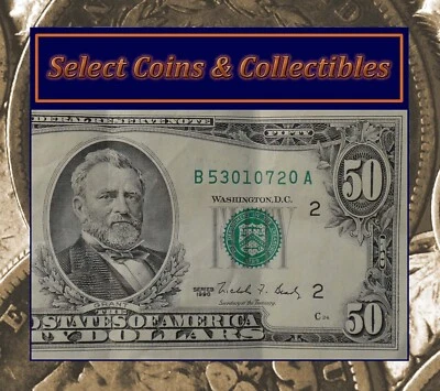 1990 (B) $50 Fifty Dollar Bill Federal Reserve Note New York Currency ERROR Note - Image 1 of 4