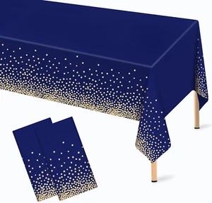 2 Pcs Navy Blue and Gold Plastic Tablecloth for Rectangle Table, 54 × 108 Inches - Picture 1 of 7