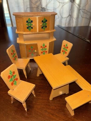 Vintage Dollhouse Miniature Dutch Style Wood Table  Chairs & Hutch - Image 1 of 4