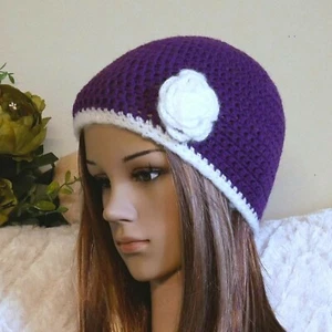 SALE - Crochet Hat With Flower, Wool Flower Beanie - Picture 1 of 8