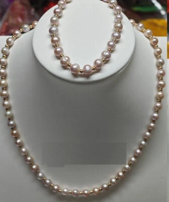 18 «AAA + 7-8 мм Akoya лаванды реальный жемчуг ожерелье + браслет 14k золото P комплект - Изображение 1 из 4