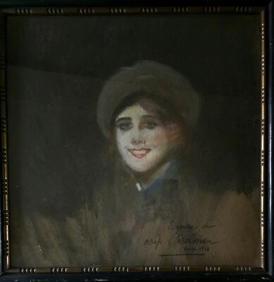 Iosif Perelmann école russe portrait 1916 grand pastel (50x50cm ) encadré rare - Photo 1/3