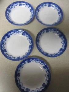 LOT OF 5 ANTIQUE FLOW BLUE CHINA GRINDLEY ENGLAND BISLEY SOUP BOWL 7 7/8" - Picture 1 of 7