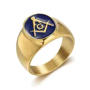 Anello Massonico Uomo Vintage Smalto Blu Acciaio Inox Massone Biker Punk Ring - Foto 1 di 24