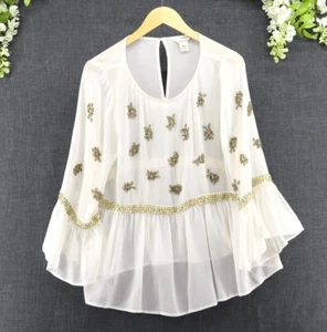 Sundance Women's Bohemian Embellished Peplum Hem Silk Blouse Off White/Gold Sz L - Picture 1 of 9