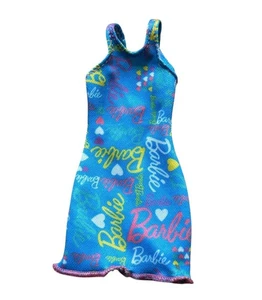 Vtg Barbie Dress Blue Multicolor Logo Print Sleeveless Doll Clothes - Picture 1 of 2