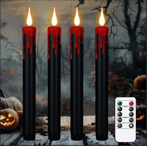 Halloween Black Flameless Taper Candles with Remote Timer, 4 Pcs Red Drip Wax... - Picture 1 of 8