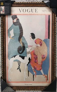 Cubierta de moda vintage junio 1920 otoño tela enmarcada pintura Art Deco 24"x 15" - Imagen 1 de 2