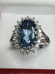 Ladies Platinum Ring With An Oval Deep Blue Aquarium Surrounded By Diamonds - Picture 1 of 13